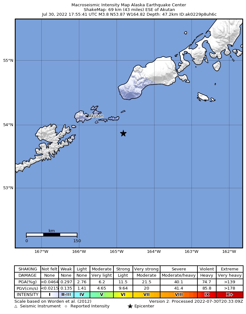 USGS ShakeMap intensity contours for the M3.8 earthquake near 47 km E of Akutan, Alaska