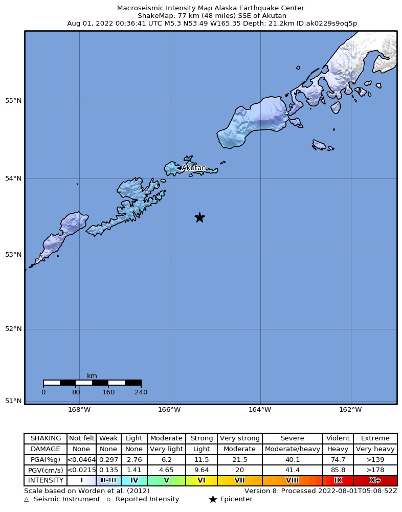 USGS ShakeMap intensity contours for the M5.3 earthquake near 67 km SSE of Akutan, Alaska