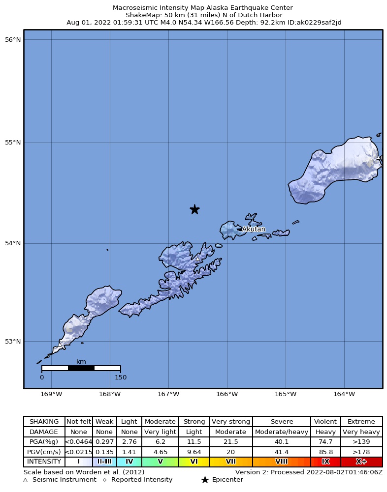 USGS ShakeMap: estimated shaking intensity around the epicenter