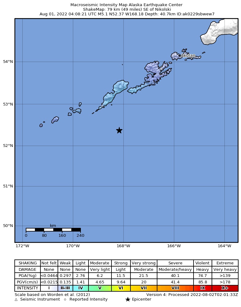USGS ShakeMap intensity contours for the M5.1 earthquake near 97 km SSE of Nikolski, Alaska