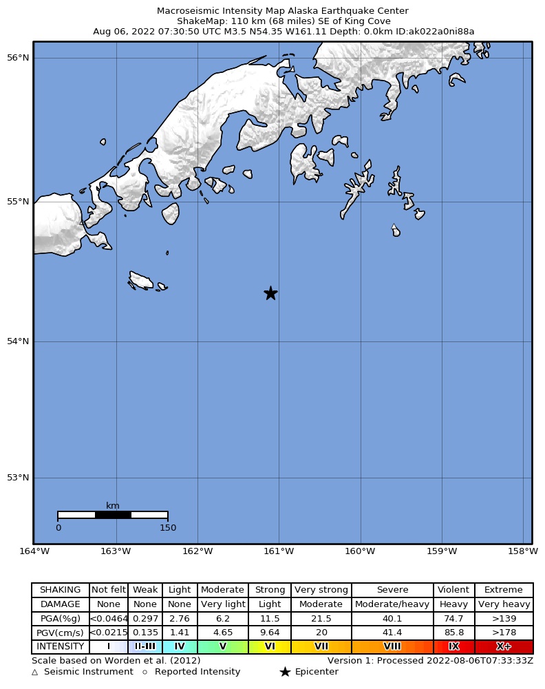 USGS ShakeMap: estimated shaking intensity around the epicenter
