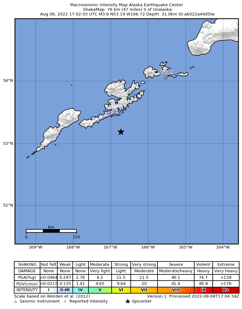 USGS ShakeMap: estimated shaking intensity around the epicenter