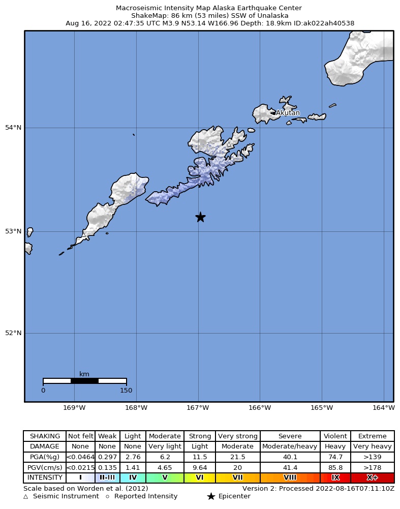 USGS ShakeMap: estimated shaking intensity around the epicenter