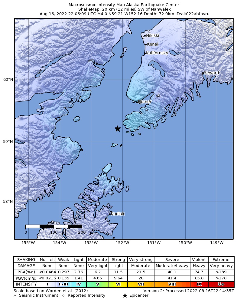 USGS ShakeMap intensity contours for the M4.2 earthquake near Southern Alaska