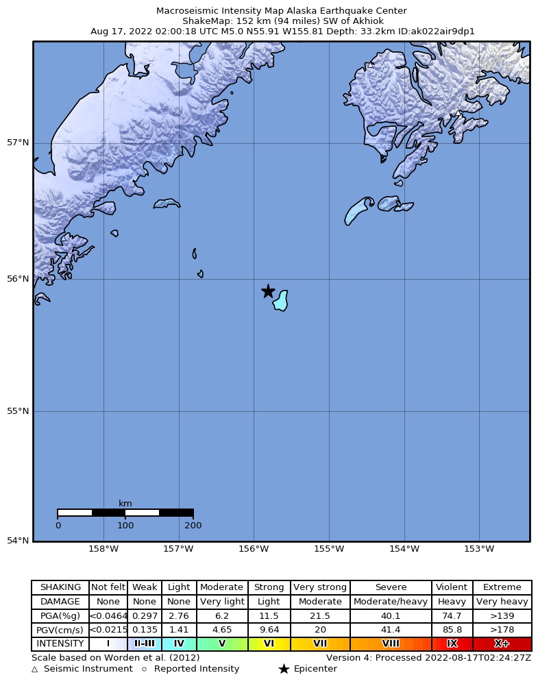 USGS ShakeMap intensity contours for the M4.8 earthquake near 153 km SW of Akhiok, Alaska
