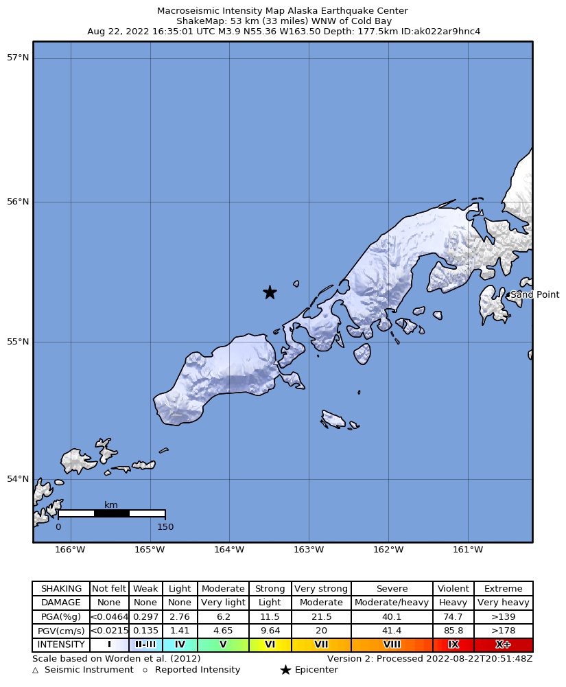 USGS ShakeMap: estimated shaking intensity around the epicenter