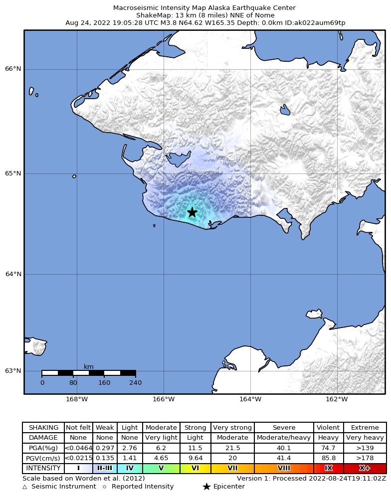 USGS ShakeMap intensity contours for the M3.5 earthquake near 24 km ENE of Nome, Alaska