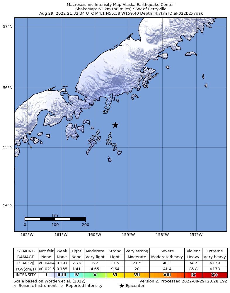 USGS ShakeMap intensity contours for the M4.4 earthquake near 60 km S of Ivanof Bay, Alaska