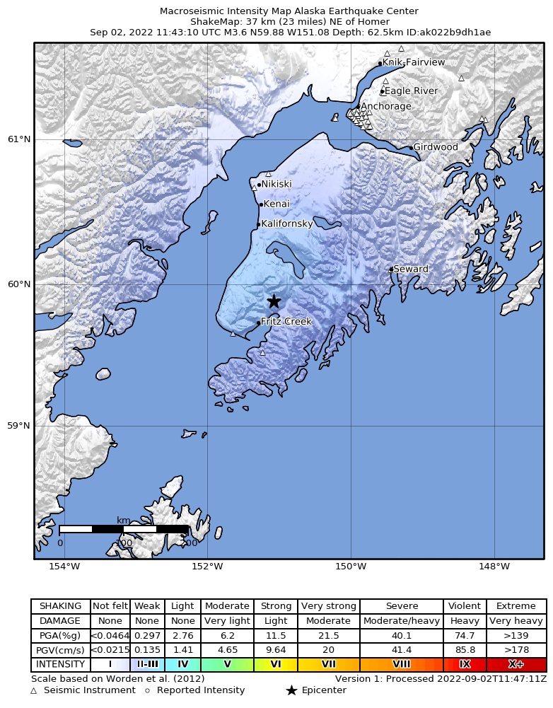 USGS ShakeMap: estimated shaking intensity around the epicenter