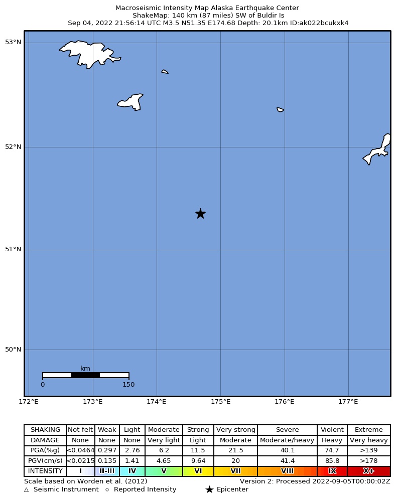 USGS ShakeMap intensity contours for the M3.8 earthquake near 194 km SSE of Attu Station, Alaska