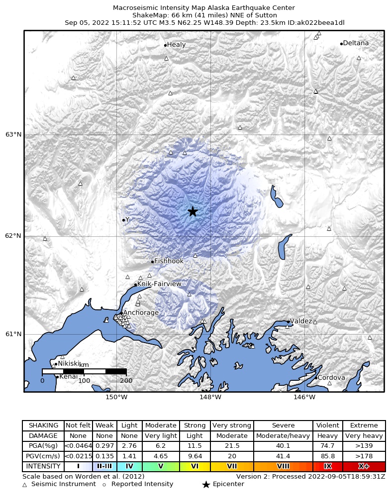 USGS ShakeMap: estimated shaking intensity around the epicenter