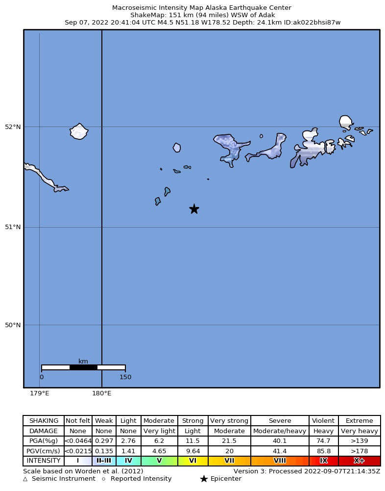 USGS ShakeMap intensity contours for the M4.8 earthquake near 145 km WSW of Adak, Alaska