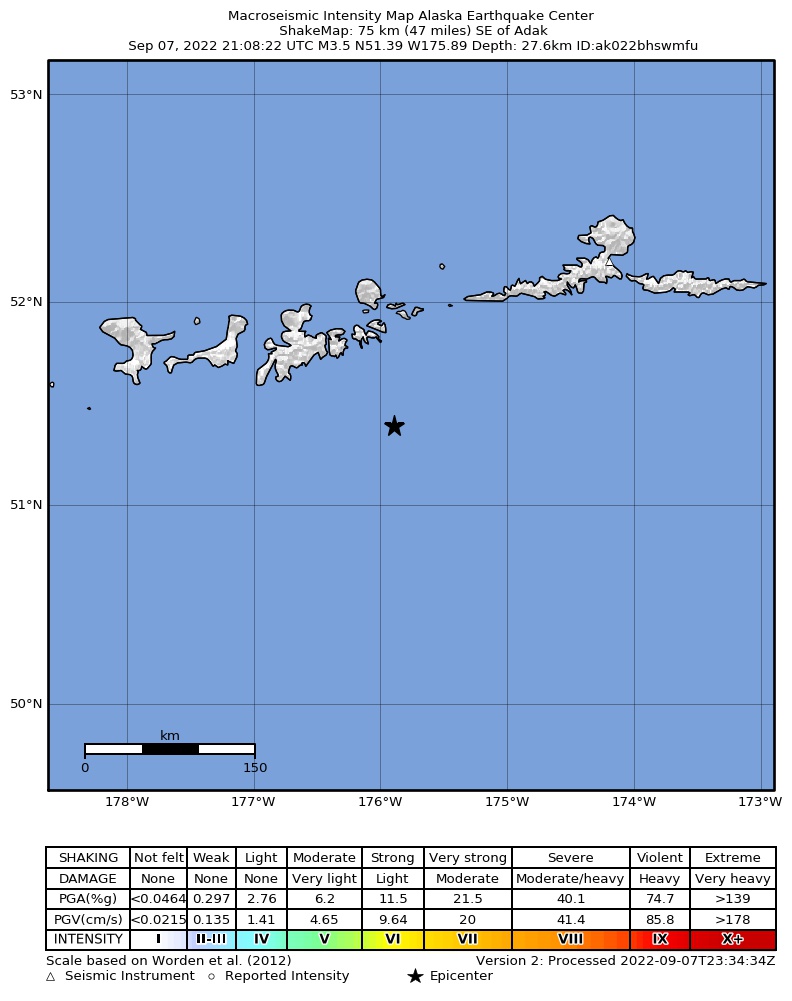 USGS ShakeMap intensity contours for the M3.6 earthquake near 70 km SE of Adak, Alaska