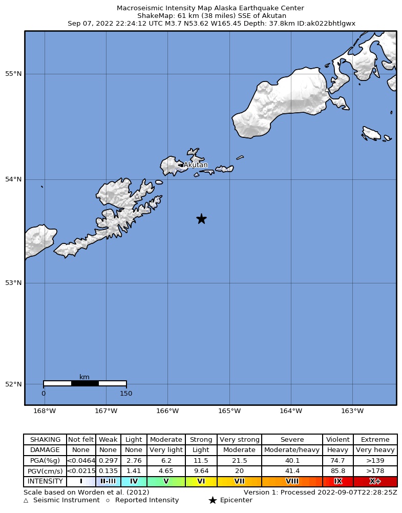 USGS ShakeMap intensity contours for the M3.7 earthquake near 68 km SSE of Akutan, Alaska