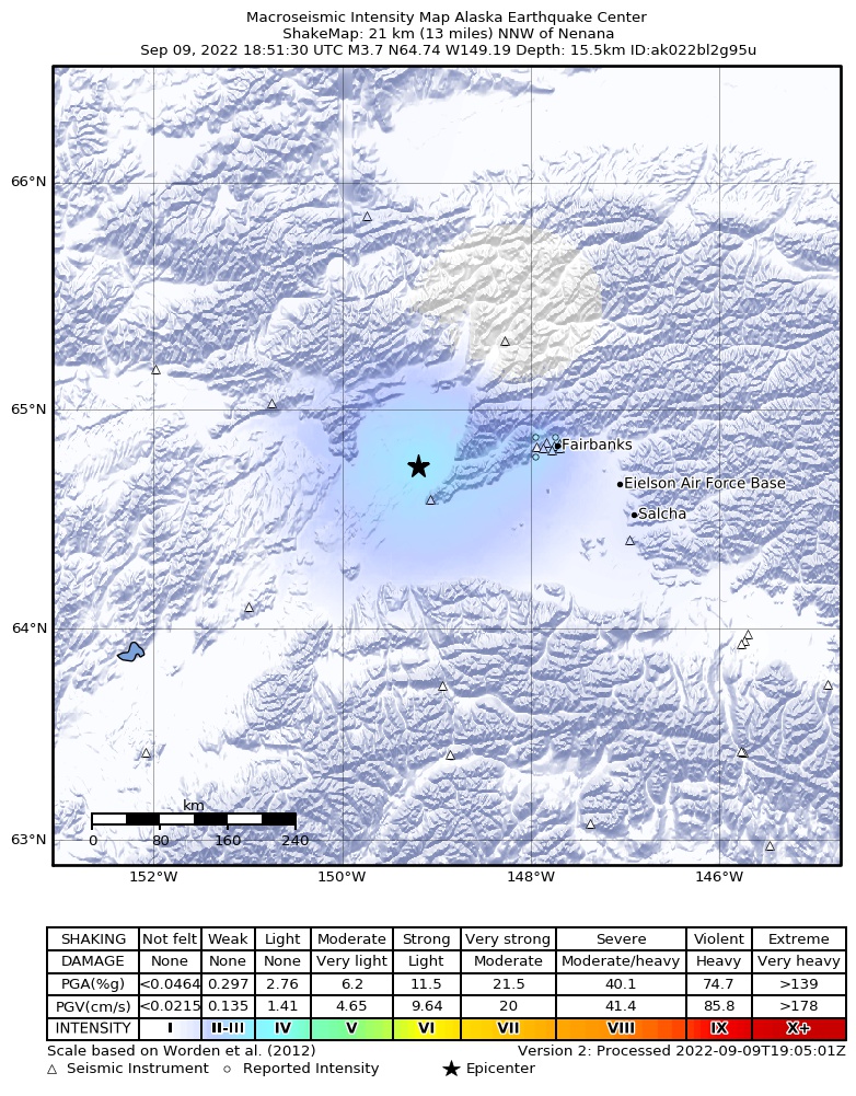 USGS ShakeMap intensity contours for the M3.5 earthquake near 16 km NNW of Four Mile Road, Alaska