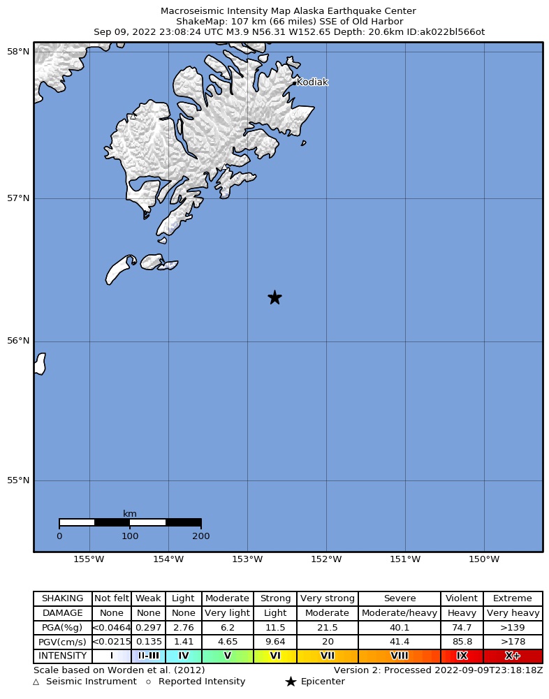 USGS ShakeMap intensity contours for the M4.5 earthquake near 105 km SSE of Old Harbor, Alaska