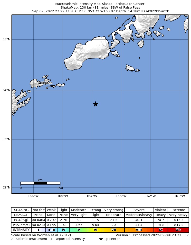 USGS ShakeMap intensity contours for the M3.6 earthquake near 116 km SSW of False Pass, Alaska