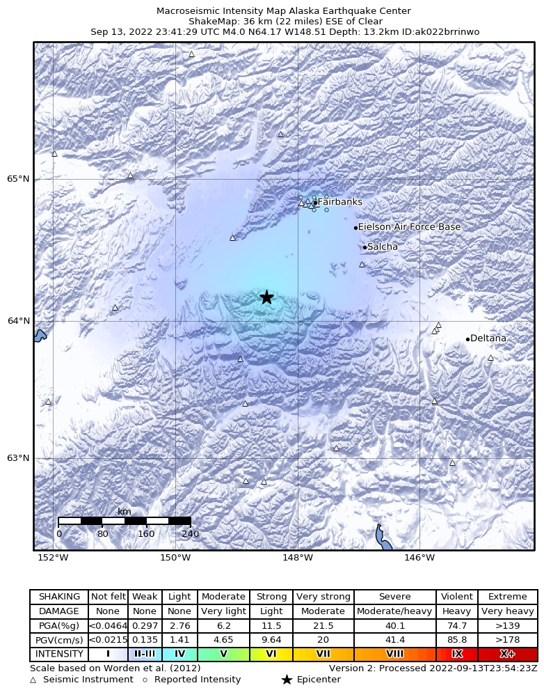 USGS ShakeMap intensity contours for the M3.8 earthquake near 33 km ENE of Ferry, Alaska