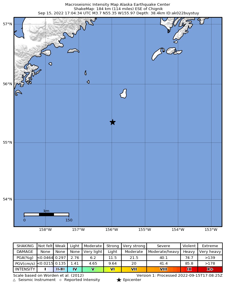 USGS ShakeMap intensity contours for the M3.6 earthquake near 176 km SE of Chignik, Alaska