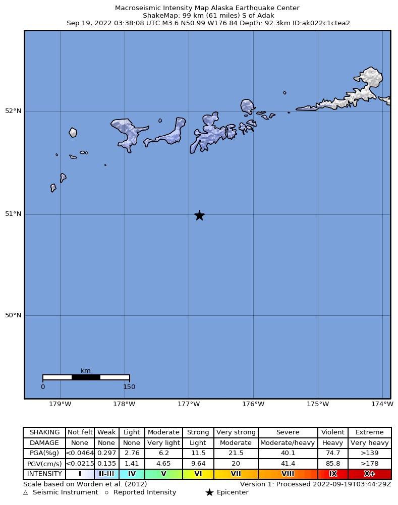USGS ShakeMap: estimated shaking intensity around the epicenter