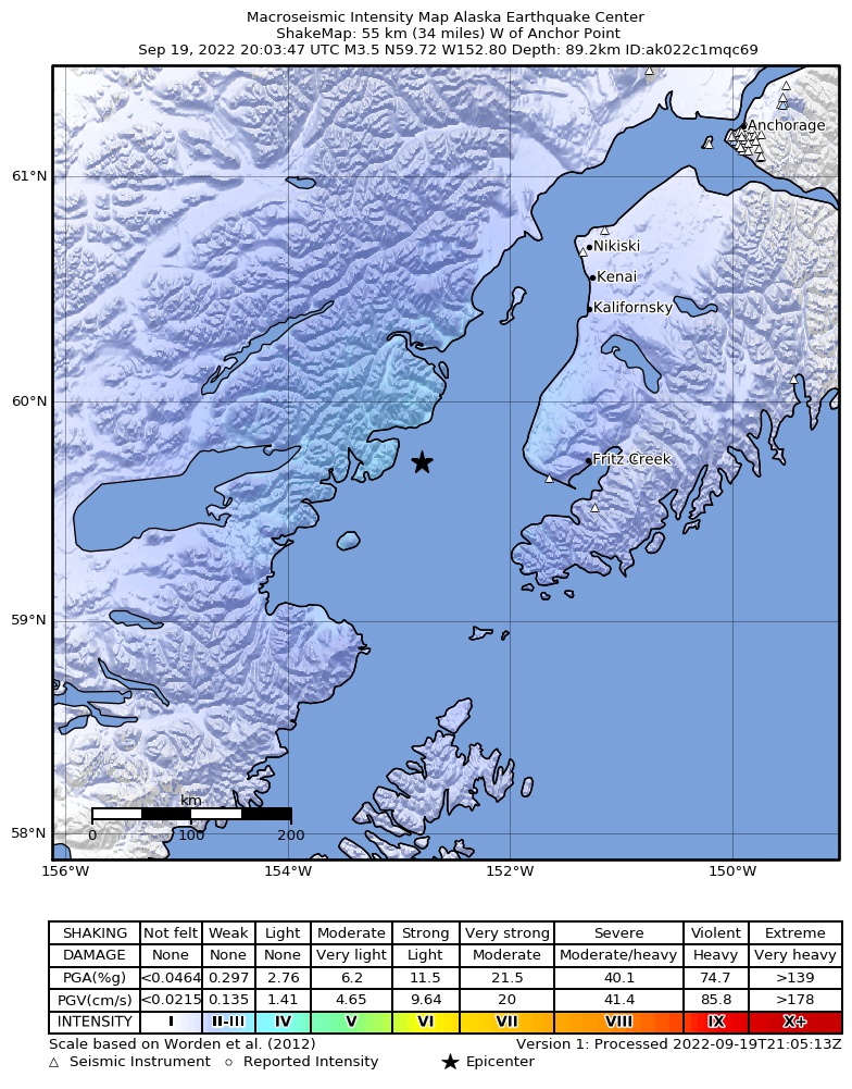 USGS ShakeMap intensity contours for the M3.9 earthquake near 53 km W of Anchor Point, Alaska