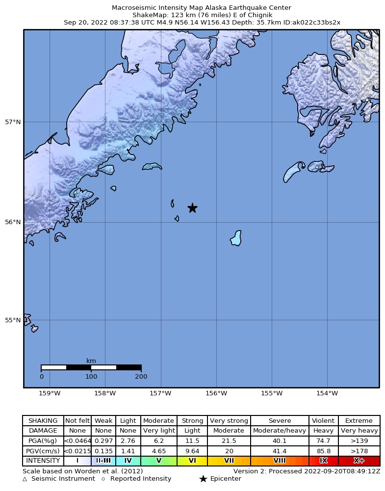 USGS ShakeMap intensity contours for the M5.1 earthquake near 122 km E of Chignik, Alaska