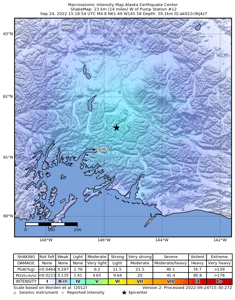 USGS ShakeMap intensity contours for the M4.8 earthquake near Southern Alaska
