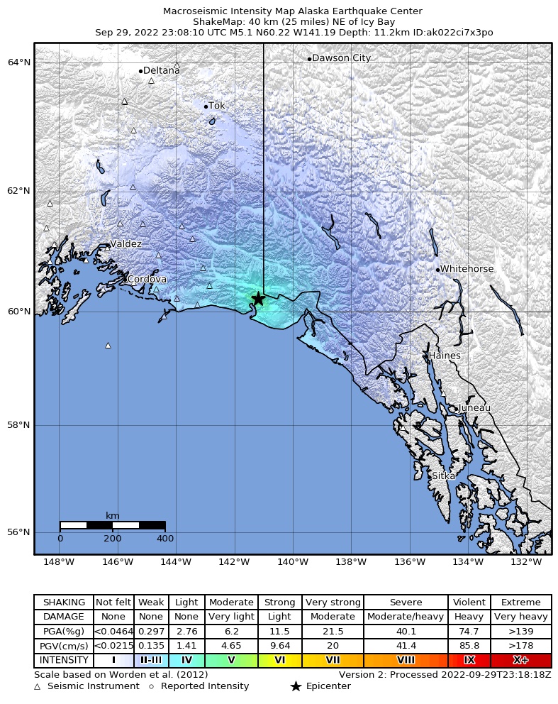 USGS ShakeMap intensity contours for the M5.0 earthquake near 111 km NW of Yakutat, Alaska