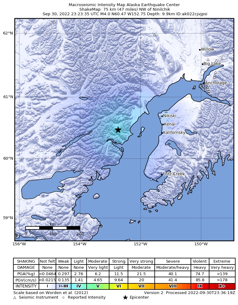 USGS ShakeMap intensity contours for the M4.1 earthquake near 75 km NW of Ninilchik, Alaska