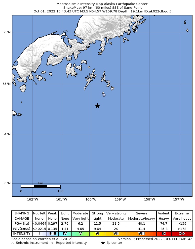 USGS ShakeMap: estimated shaking intensity around the epicenter