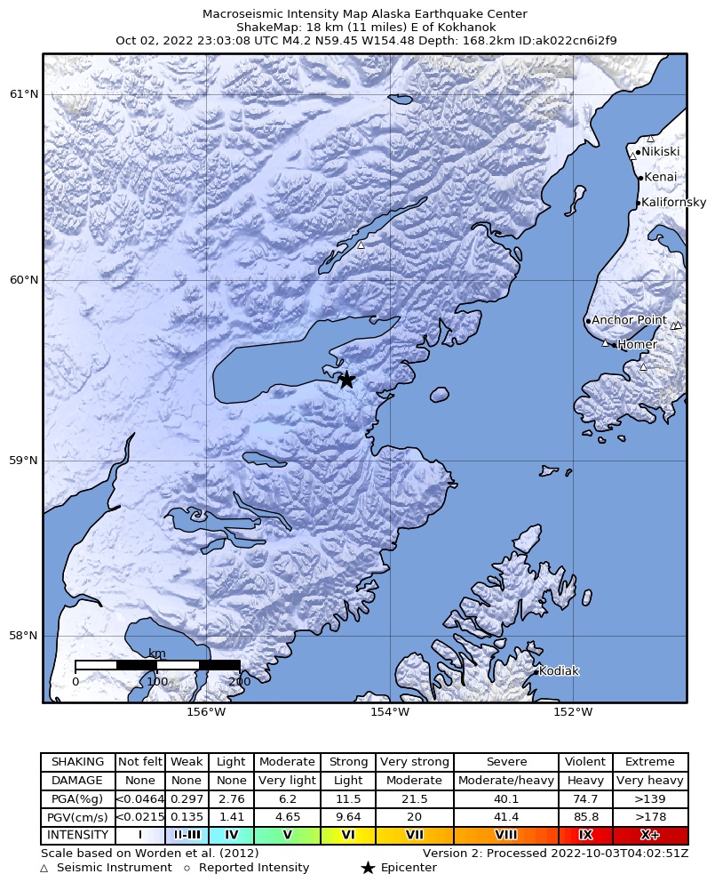 USGS ShakeMap intensity contours for the M4.3 earthquake near 12 km S of Pope-Vannoy Landing, Alaska