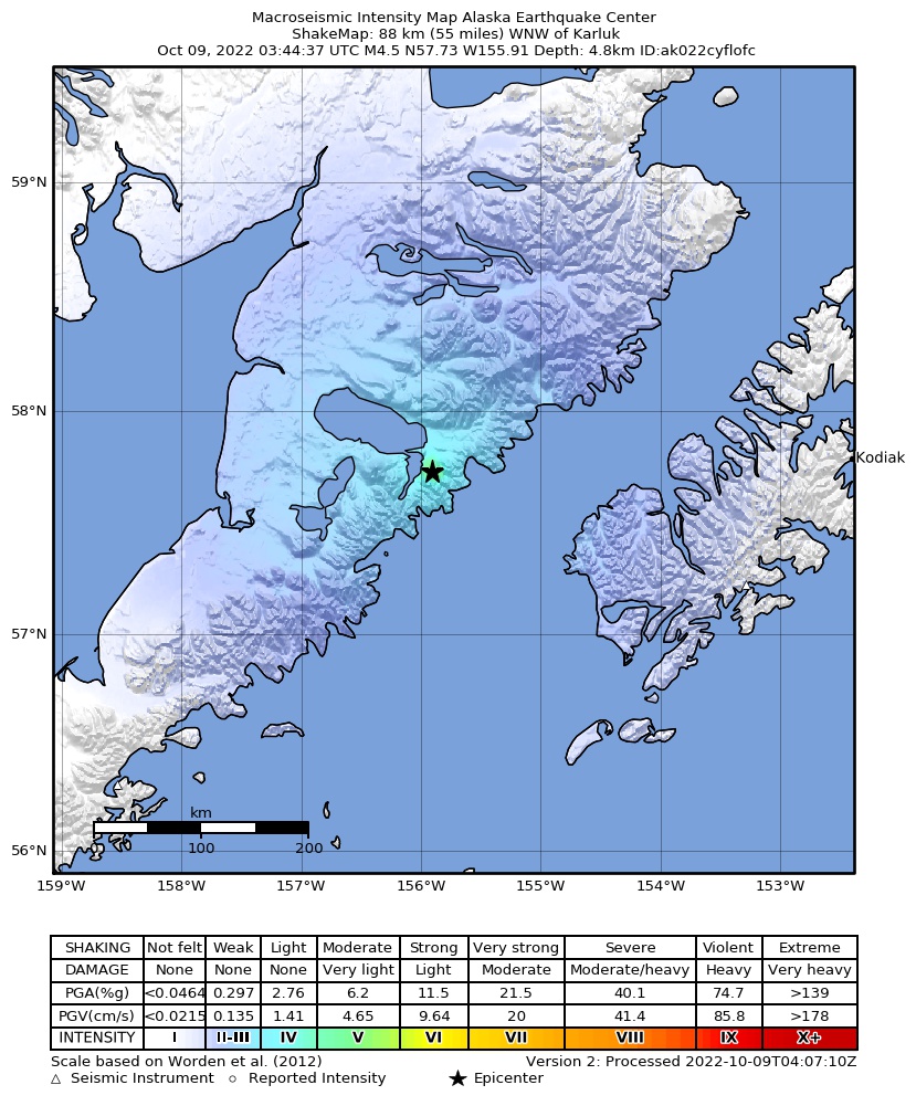 USGS ShakeMap: estimated shaking intensity around the epicenter