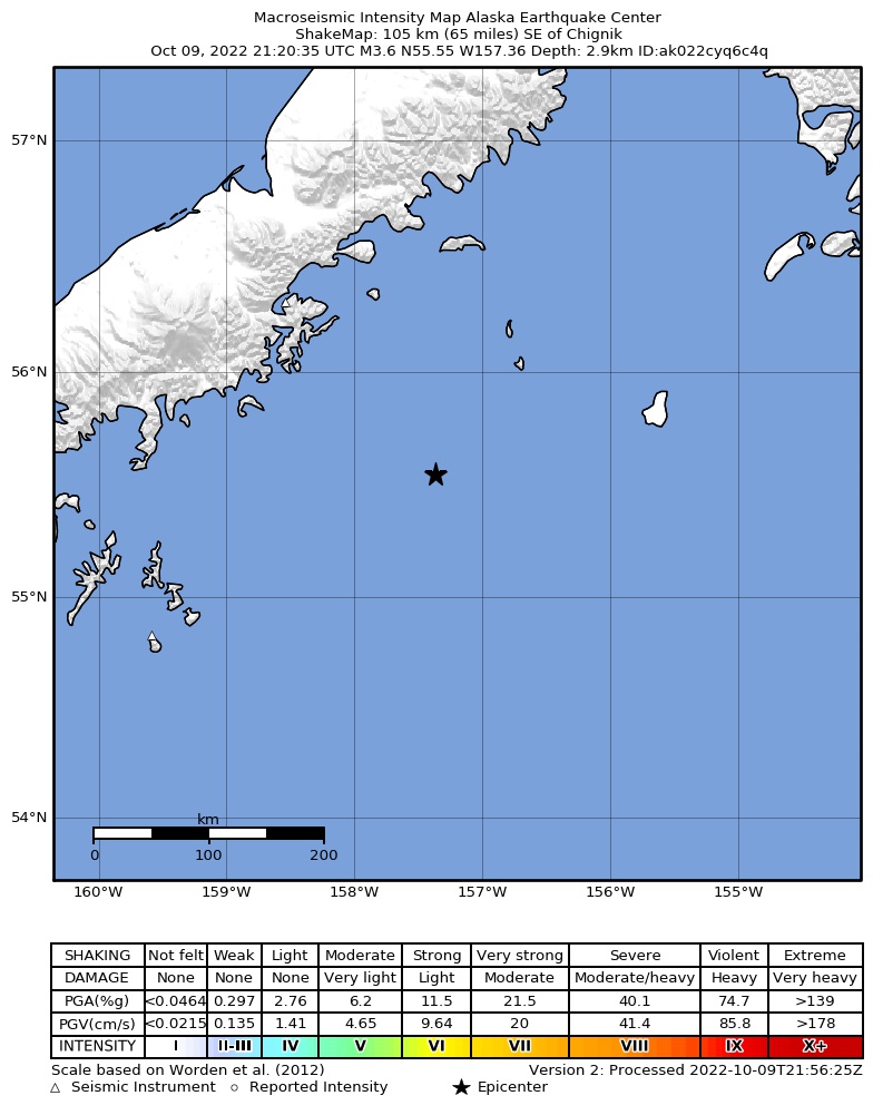 USGS ShakeMap intensity contours for the M4.3 earthquake near 112 km SE of Chignik, Alaska