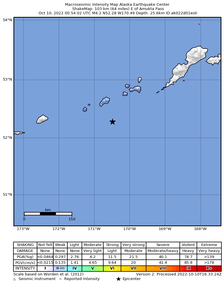 USGS ShakeMap intensity contours for the M4.8 earthquake near 135 km SW of Nikolski, Alaska