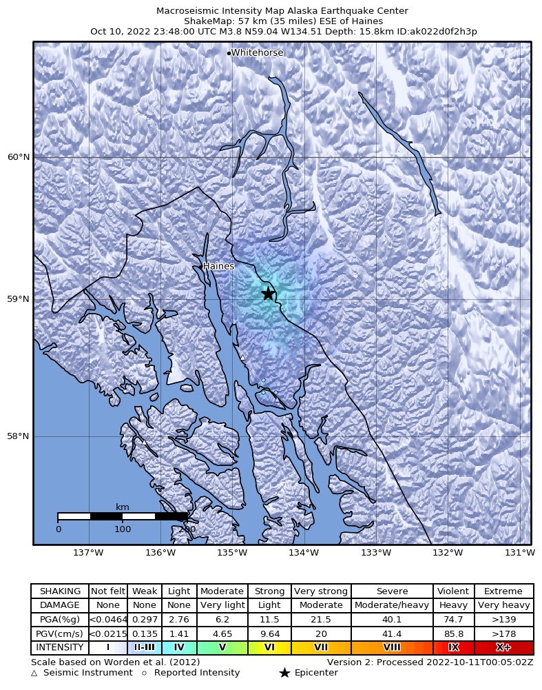USGS ShakeMap intensity contours for the M4.2 earthquake near 51 km ESE of Mud Bay, Alaska