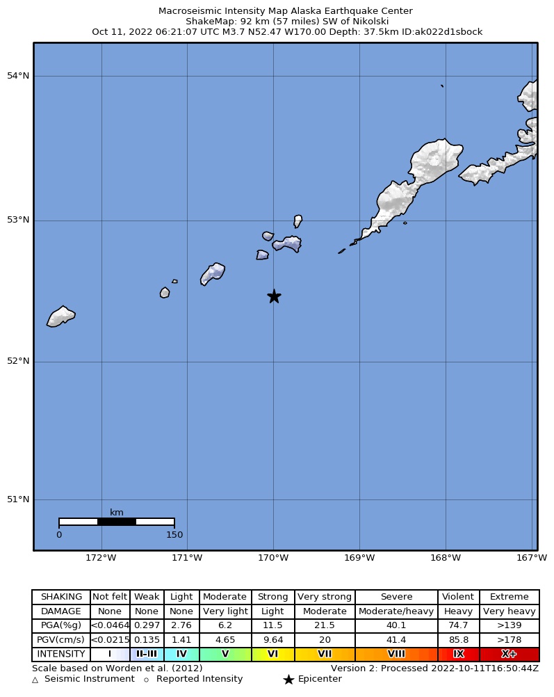 USGS ShakeMap: estimated shaking intensity around the epicenter