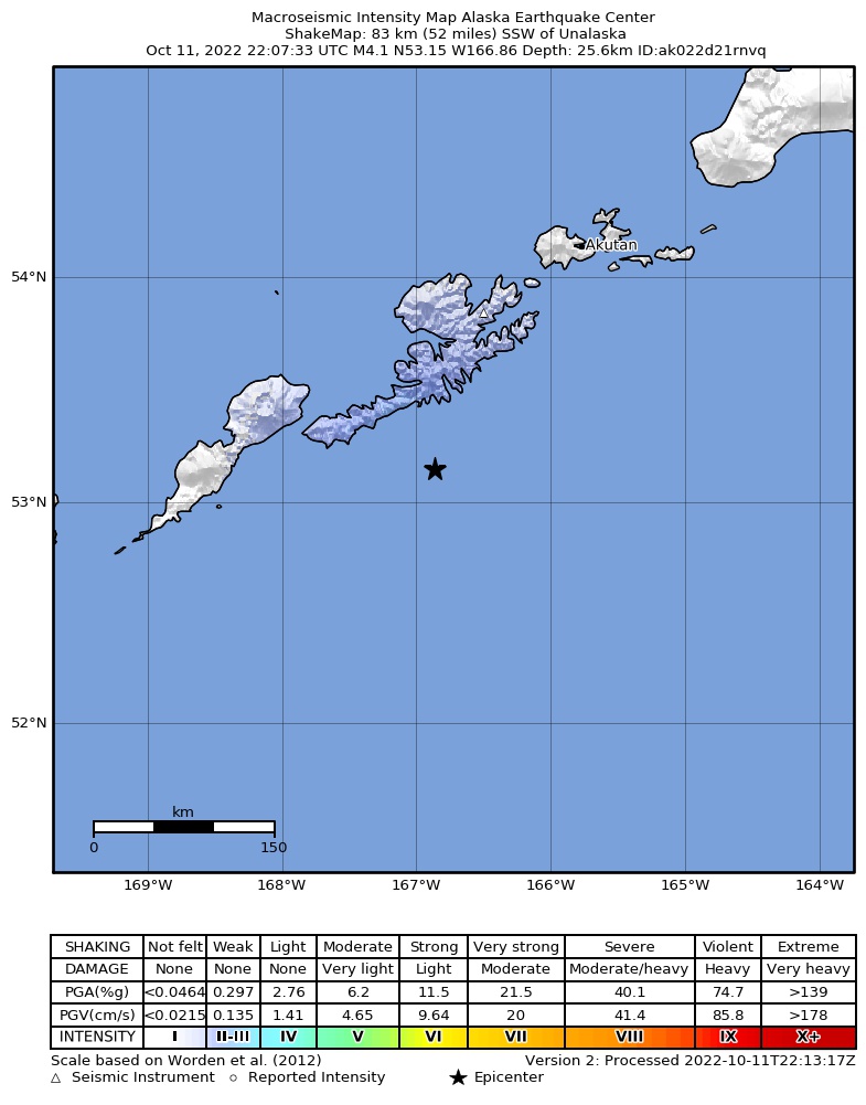 USGS ShakeMap intensity contours for the M4.7 earthquake near 83 km SSW of Unalaska, Alaska