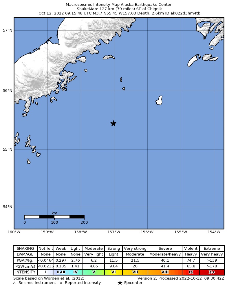 USGS ShakeMap: estimated shaking intensity around the epicenter