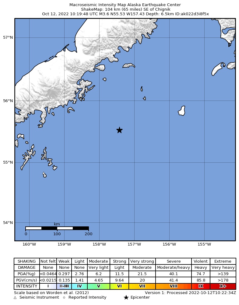 USGS ShakeMap: estimated shaking intensity around the epicenter