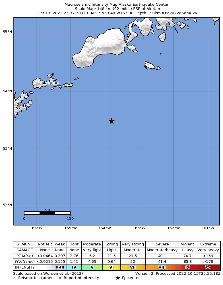 USGS ShakeMap intensity contours for the M4.0 earthquake near Unimak Island region, Alaska