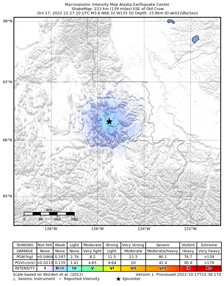 USGS ShakeMap intensity contours for the M3.3 earthquake near 131 km SSW of Fort McPherson, Canada