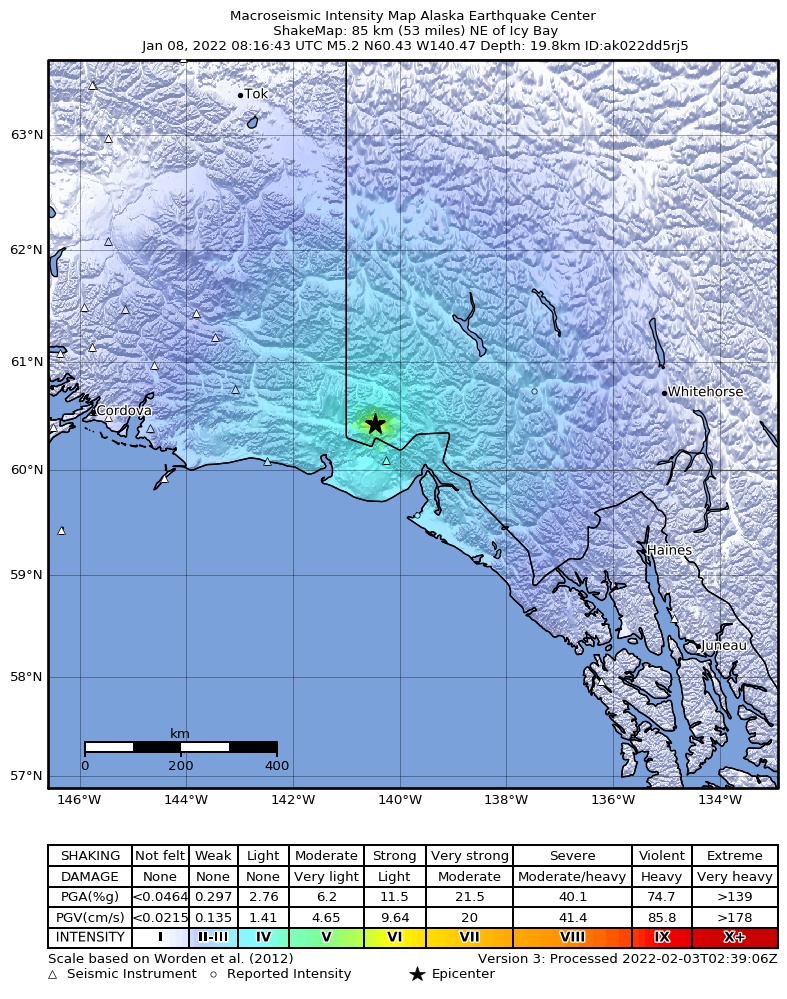 USGS ShakeMap intensity contours for the M5.2 earthquake near 104 km NNW of Yakutat, Alaska