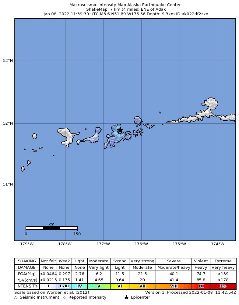 USGS ShakeMap: estimated shaking intensity around the epicenter