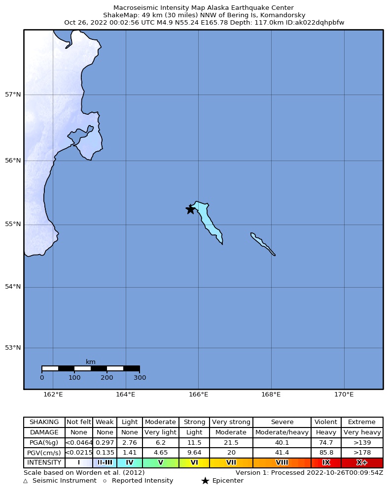 USGS ShakeMap intensity contours for the M4.9 earthquake near 264 km ESE of Ust’-Kamchatsk Staryy, Russia