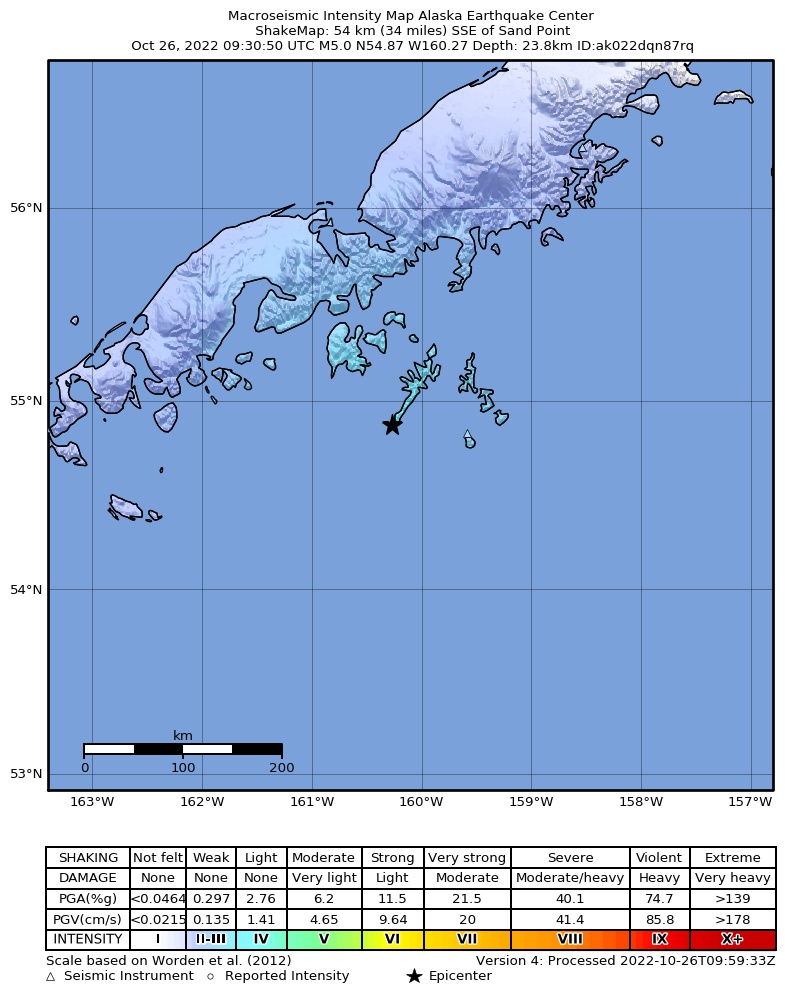USGS ShakeMap intensity contours for the M4.9 earthquake near 52 km SSE of Sand Point, Alaska