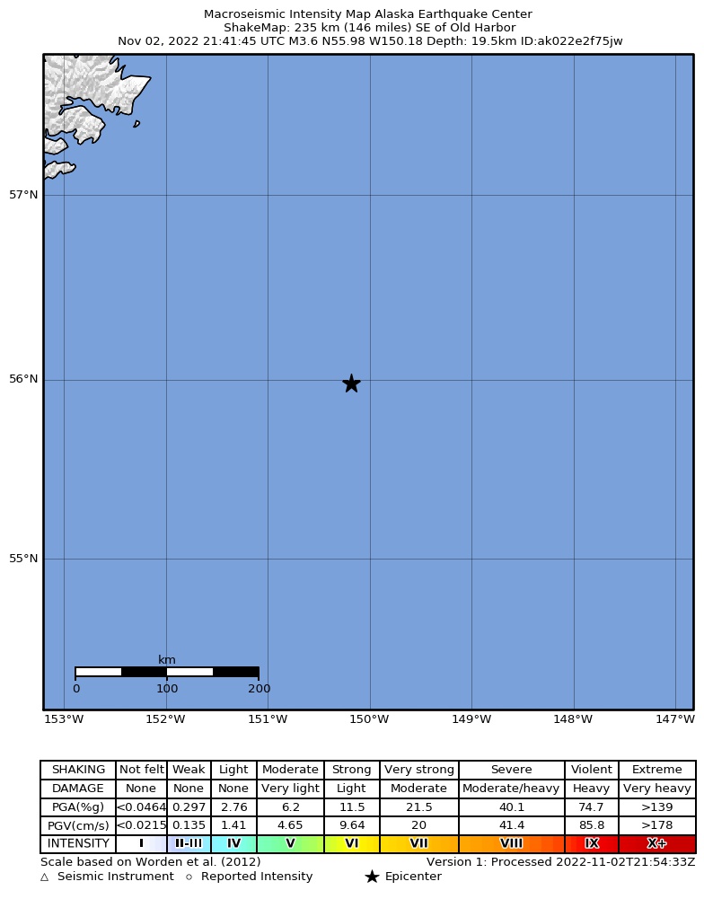 USGS ShakeMap intensity contours for the M3.8 earthquake near 223 km SE of Chiniak, Alaska