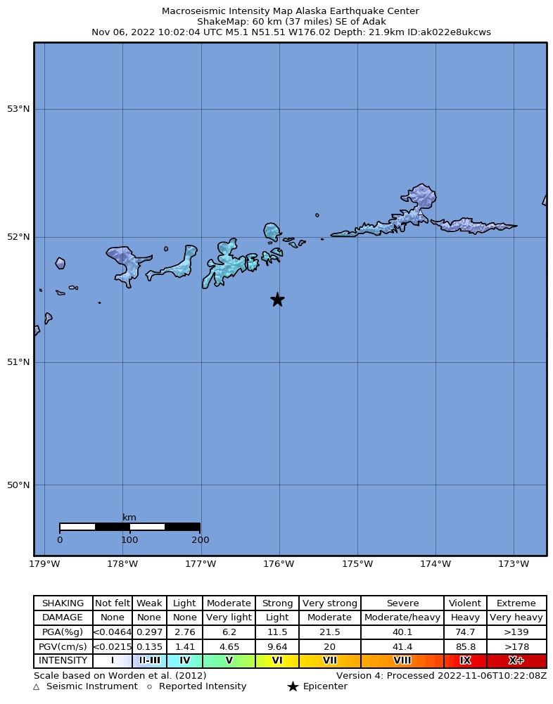USGS ShakeMap intensity contours for the M5.1 earthquake near 57 km SE of Adak, Alaska
