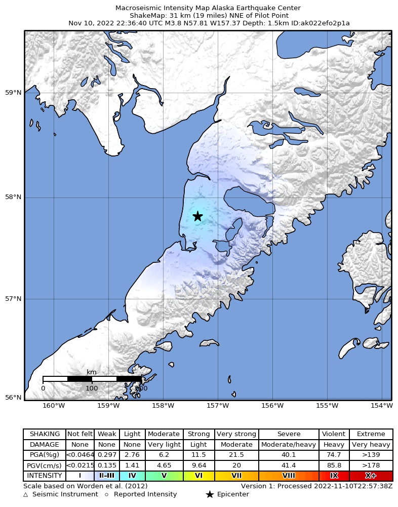 USGS ShakeMap intensity contours for the M3.9 earthquake near 25 km NNE of Pilot Point, Alaska