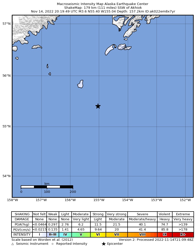 USGS ShakeMap intensity contours for the M4.0 earthquake near 152 km SSW of Akhiok, Alaska