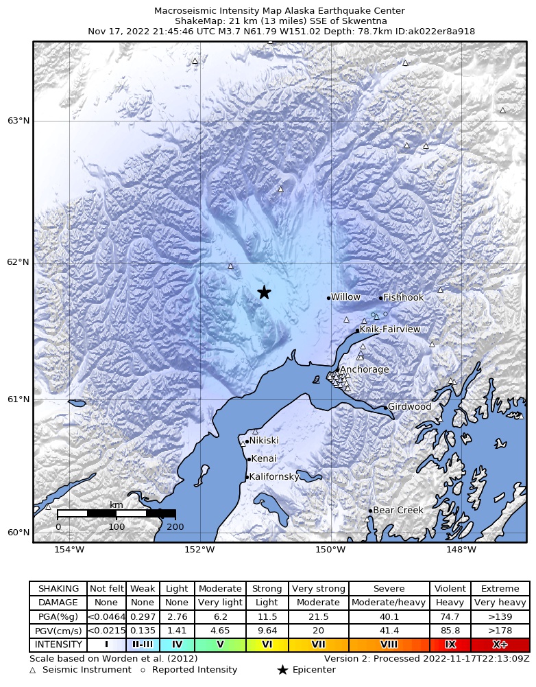 USGS ShakeMap intensity contours for the M3.7 earthquake near 30 km SE of Skwentna, Alaska